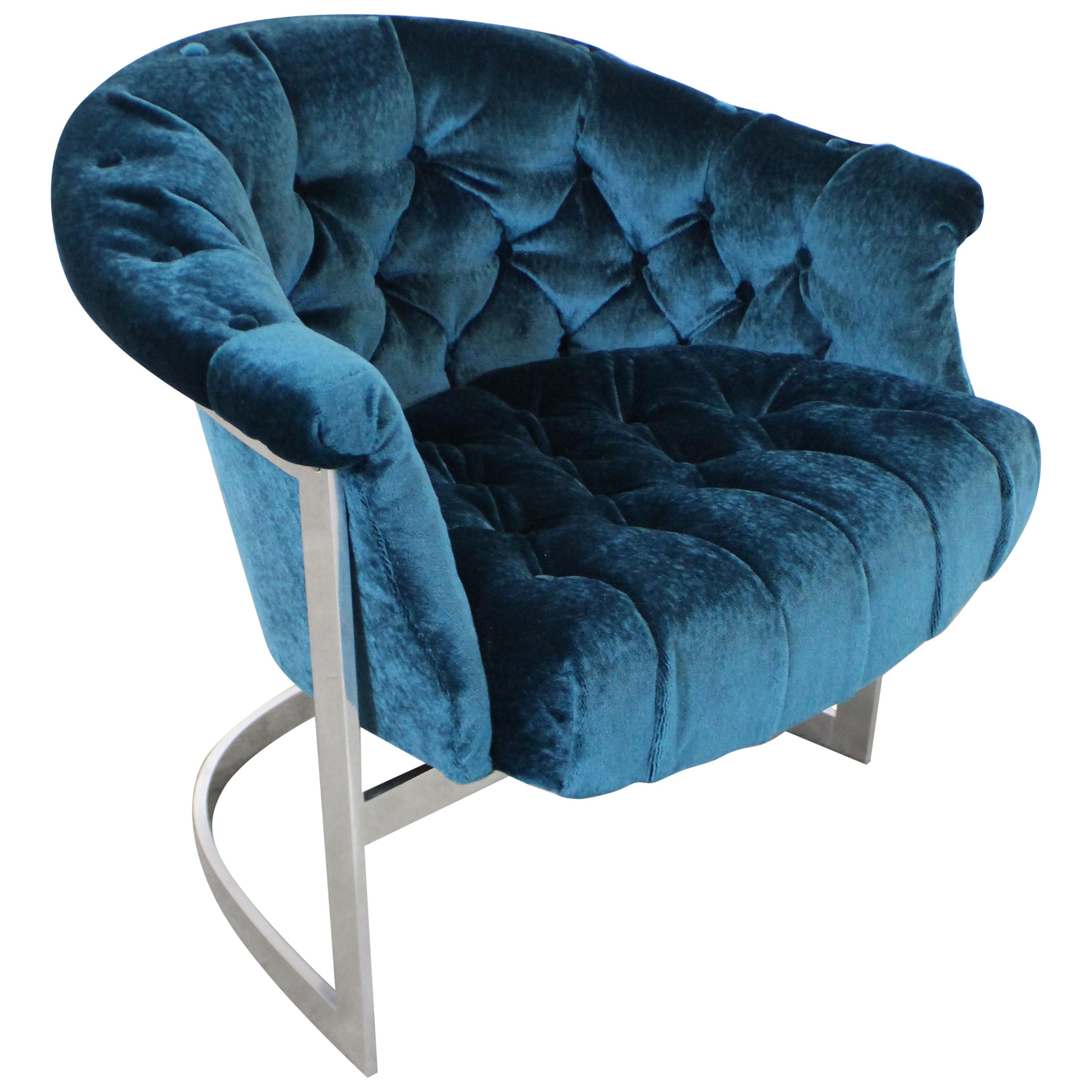 Mid-Century Modern John Stuart Tufted Crushed Velvet Chrome Lounge Chair