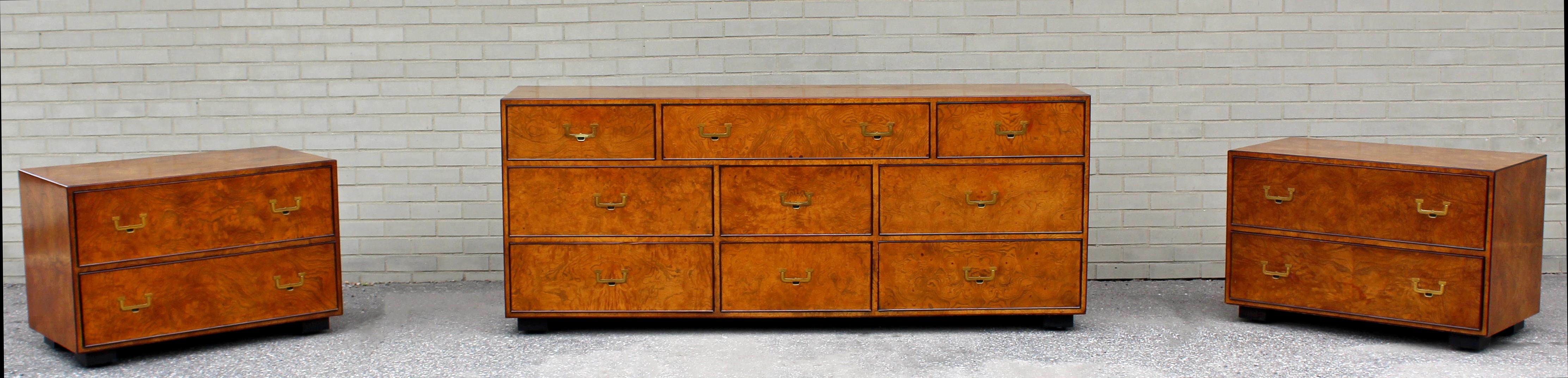 For your consideration is a phenomenal burl wood bedroom set, including a dresser and pair of nightstands, with brass pulls, by John Widdicomb, circa 1960s. All pieces are on ball joints for easy maneuverability. In very good vintage condition. The