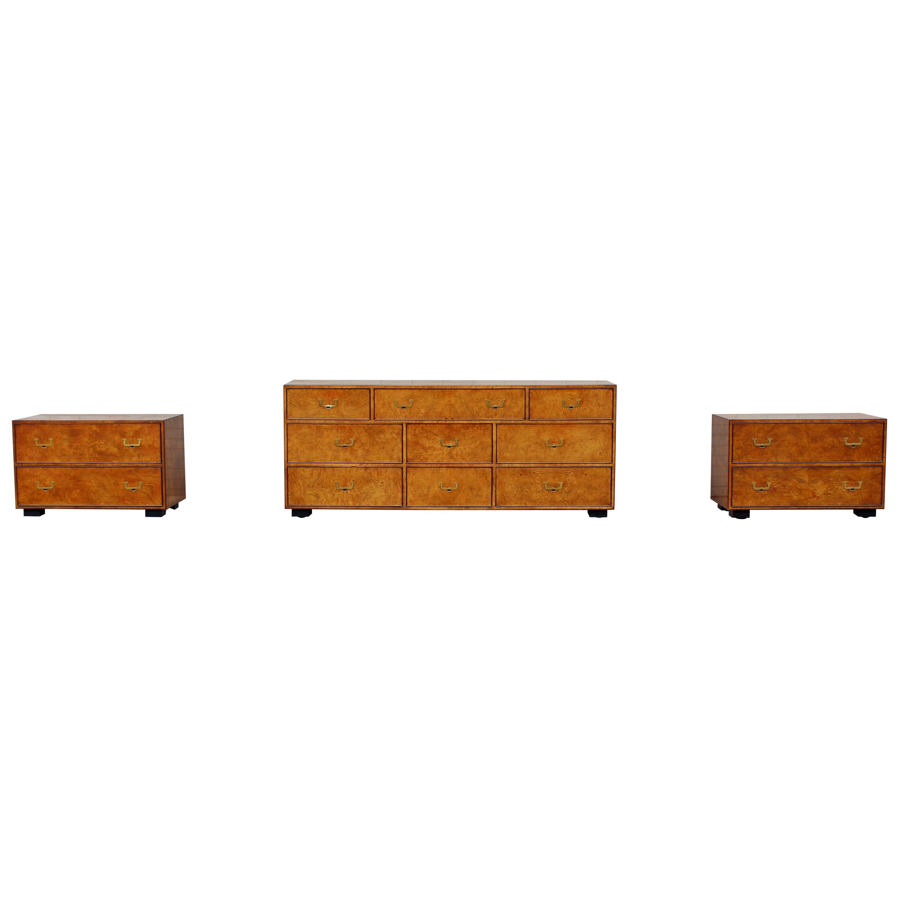 Mid-Century Modern John Widdicomb Burl Wood Brass Dresser Nightstands Set, 1960s