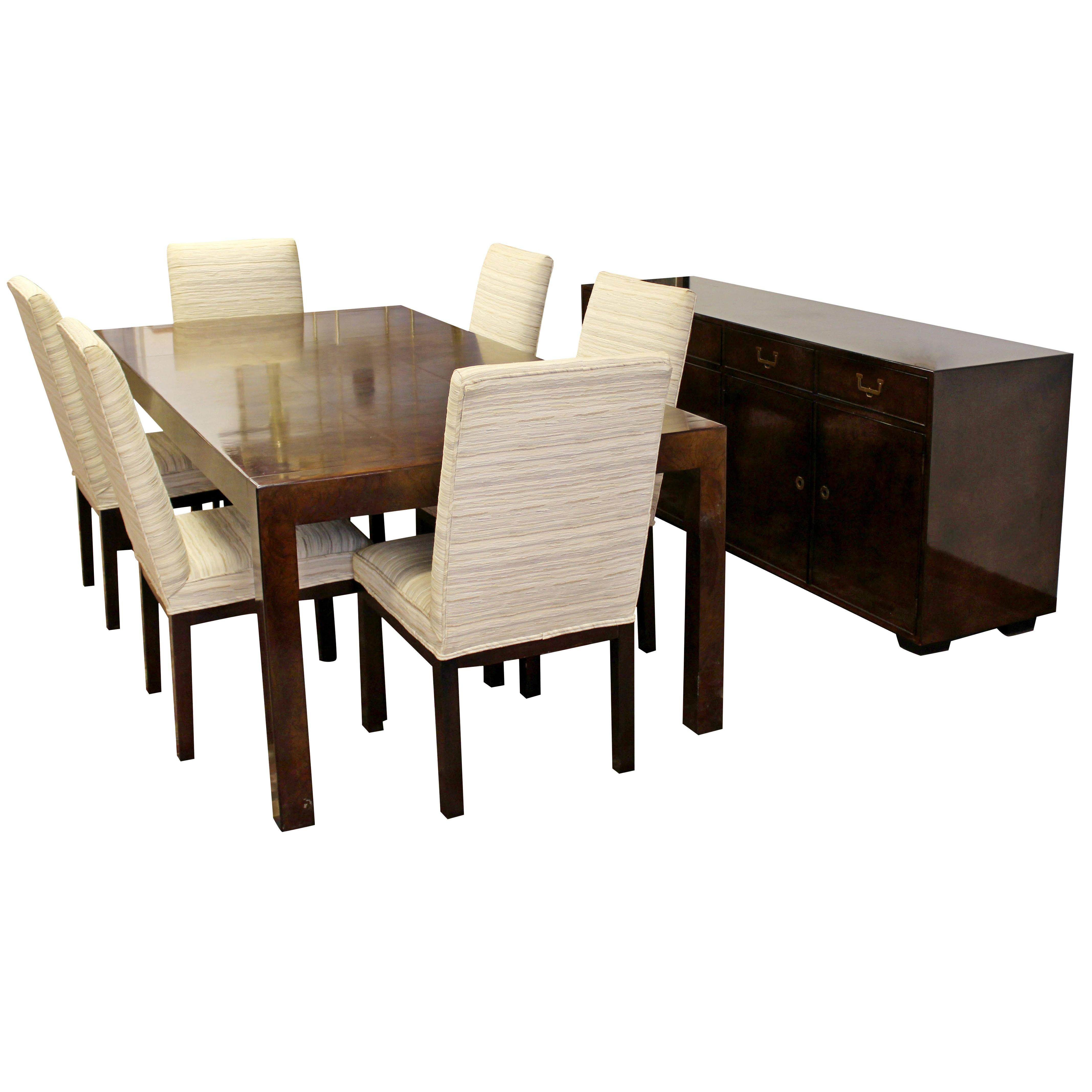 Mid-Century Modern John Widdicomb Burlwood Dining Table Chairs Credenza, 1950s