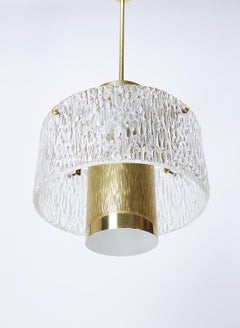 Mid-Century Modern Kalmar Brass Tube and Textured Glass Pendant, Austria, 1960s
