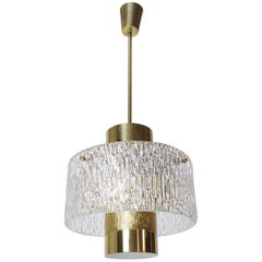 Mid-Century Modern Kalmar Brass Tube and Textured Glass Pendant, Austria, 1960s