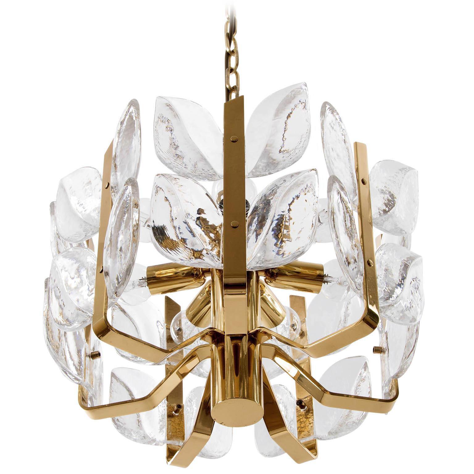 Austrian Mid-Century Modern Kalmar Pendant Light Chandelier 'Florida', Glass Brass, 1970s For Sale