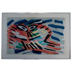 Mid-Century Modern Karel Appel Mask Face Lavender Signed Lithograph Framed