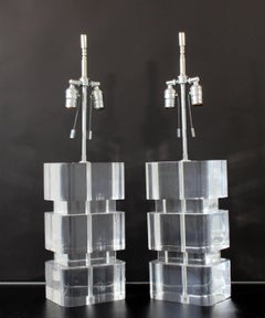 Mid-Century Modern Karl Springer Pair of Stacked Lucite and Nickel Table Lamps