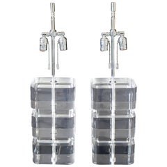 Vintage Mid-Century Modern Karl Springer Pair of Stacked Lucite and Nickel Table Lamps