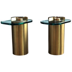 Mid-Century Modern Karl Springer Style Brass Cylinder & Glass Side Tables, Pair