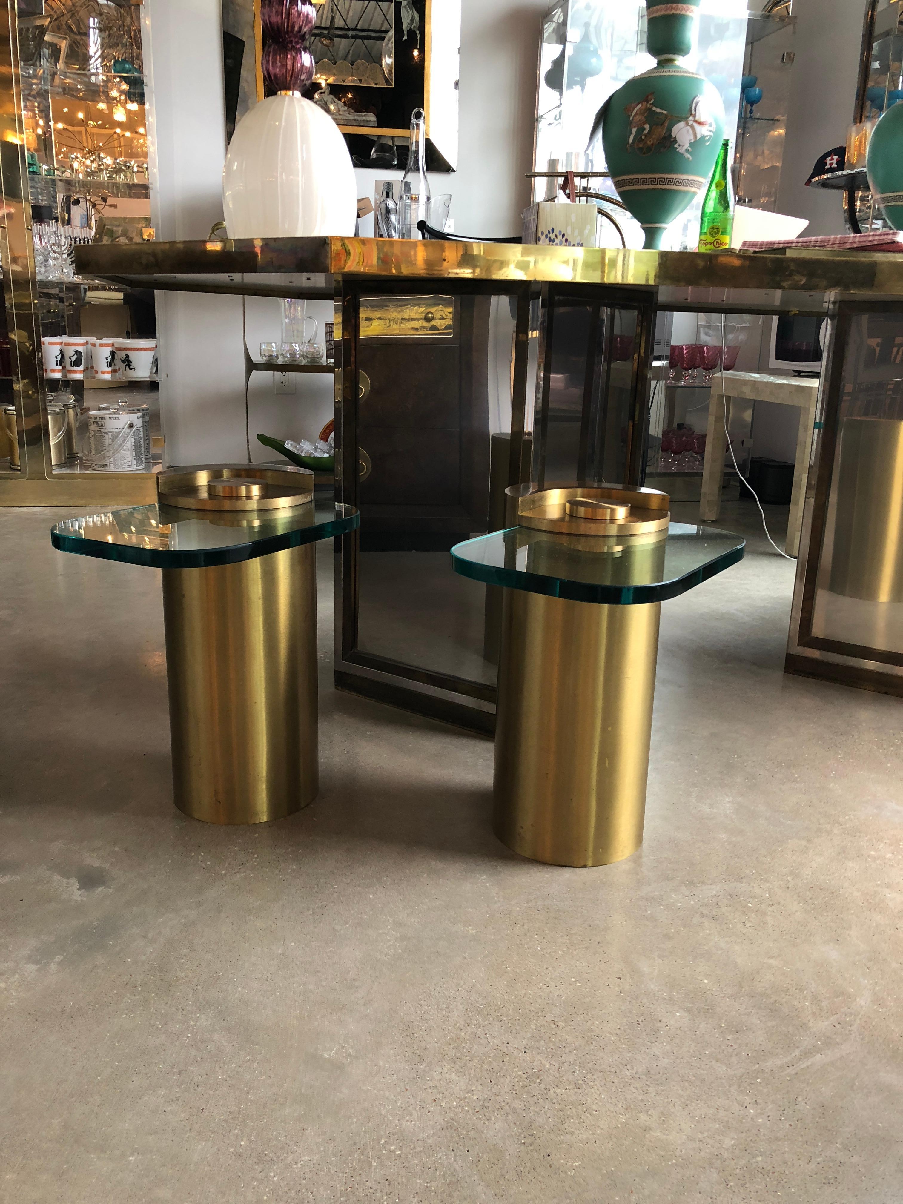 American Mid-Century Modern Karl Springer Style Brass Cylinder & Glass Side Tables, Pair