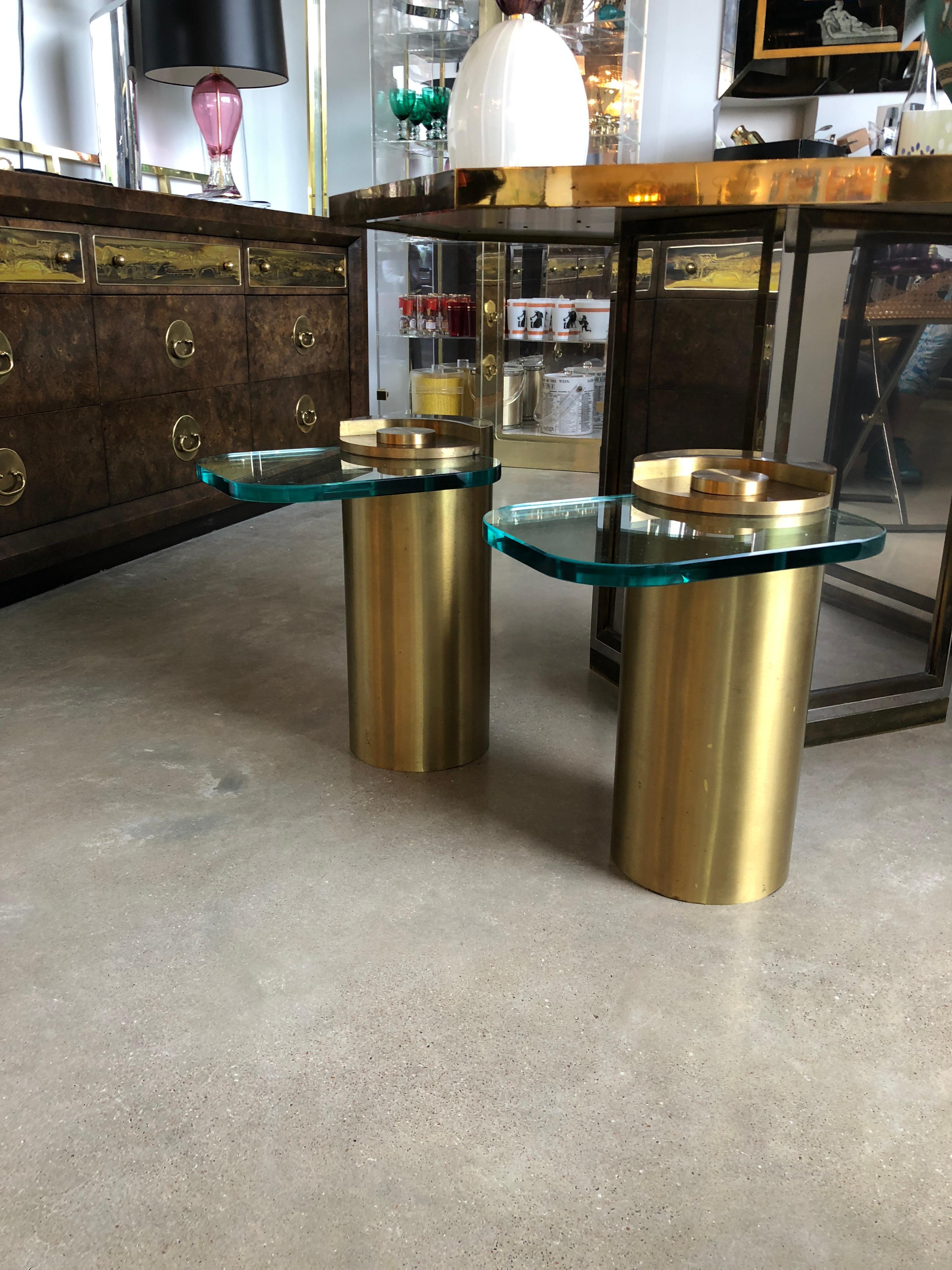 Polished Mid-Century Modern Karl Springer Style Brass Cylinder & Glass Side Tables, Pair