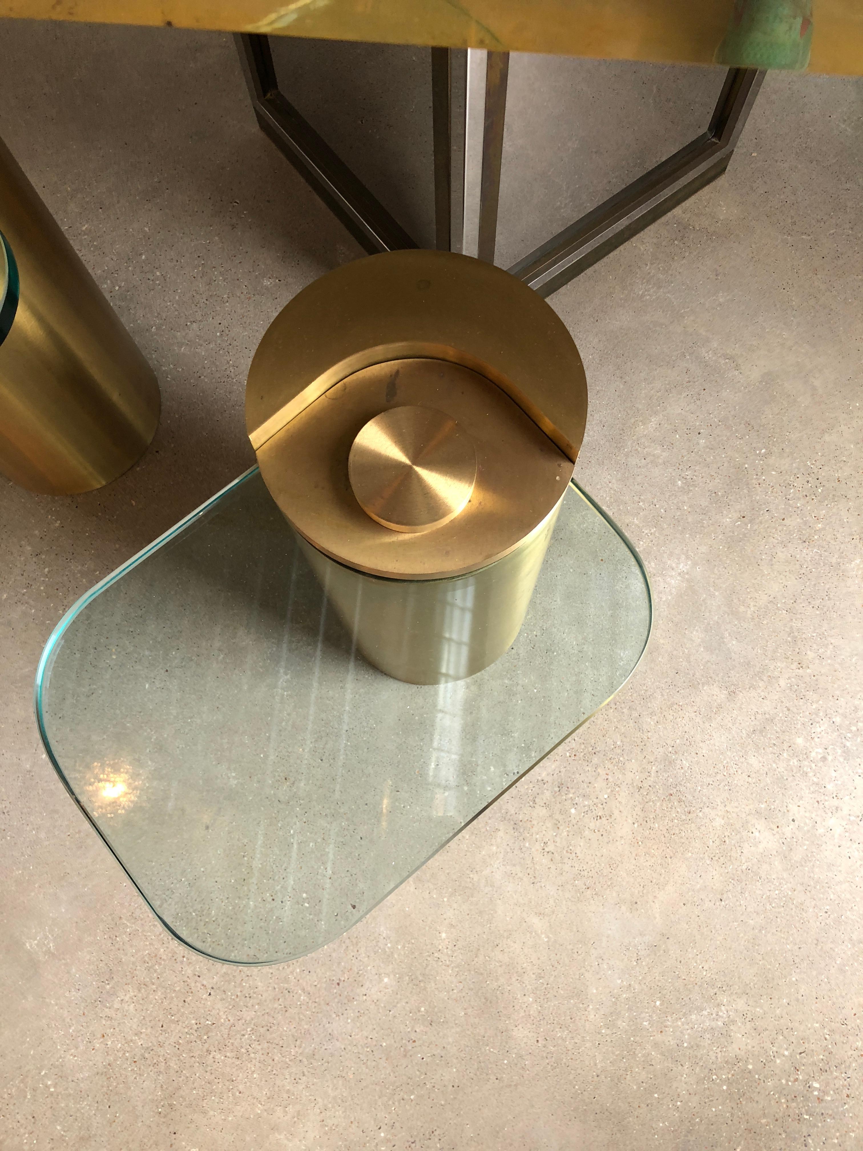 Mid-Century Modern Karl Springer Style Brass Cylinder & Glass Side Tables, Pair In Good Condition In Houston, TX