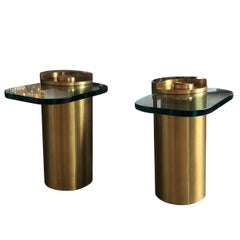 Mid-Century Modern Karl Springer Style Brass Cylinder & Glass Side Tables, Pair