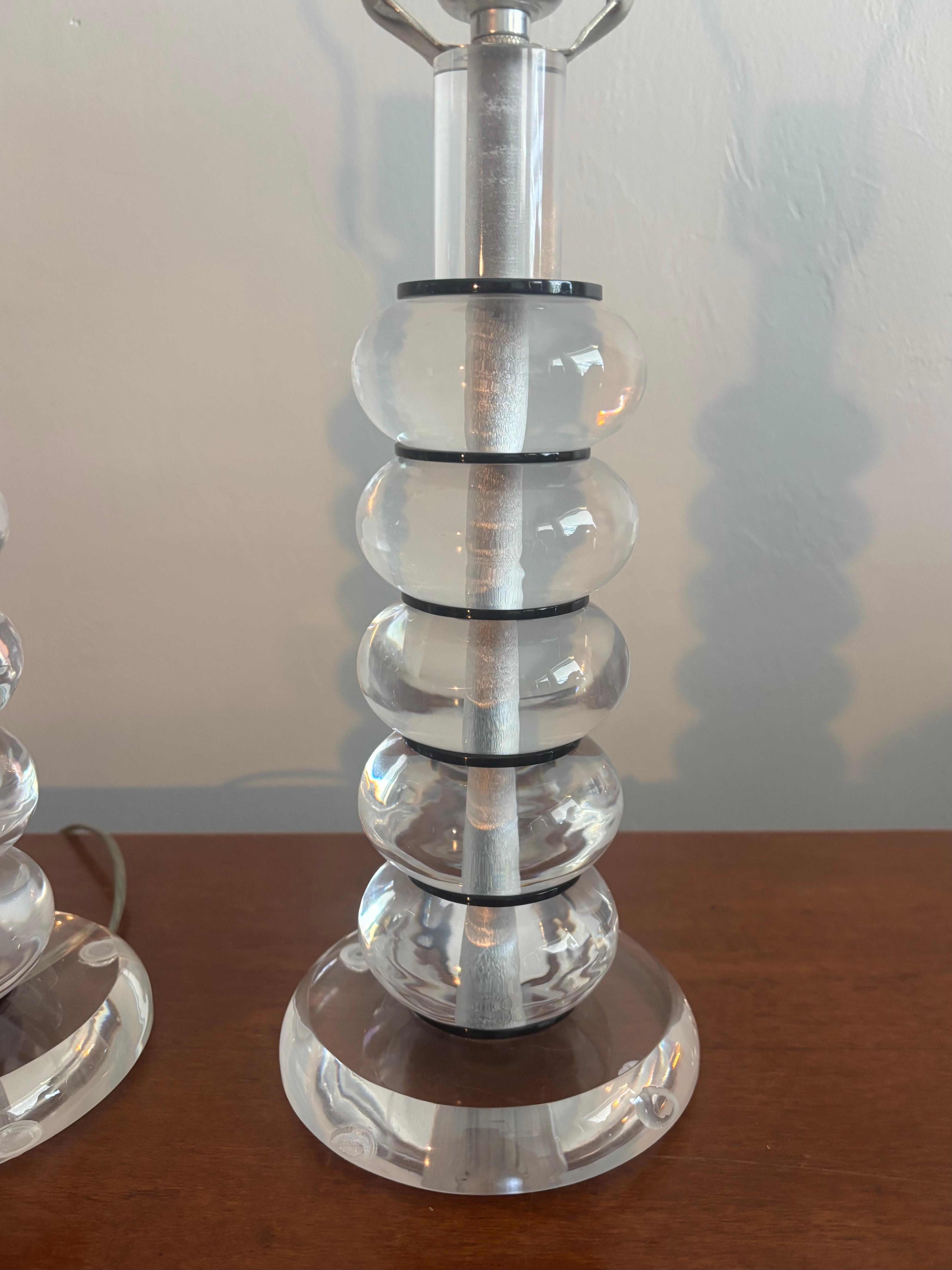 Hollywood Regency Mid Century Modern Karl Springer Style Stacked Lucite Table Lamps, a Pair For Sale