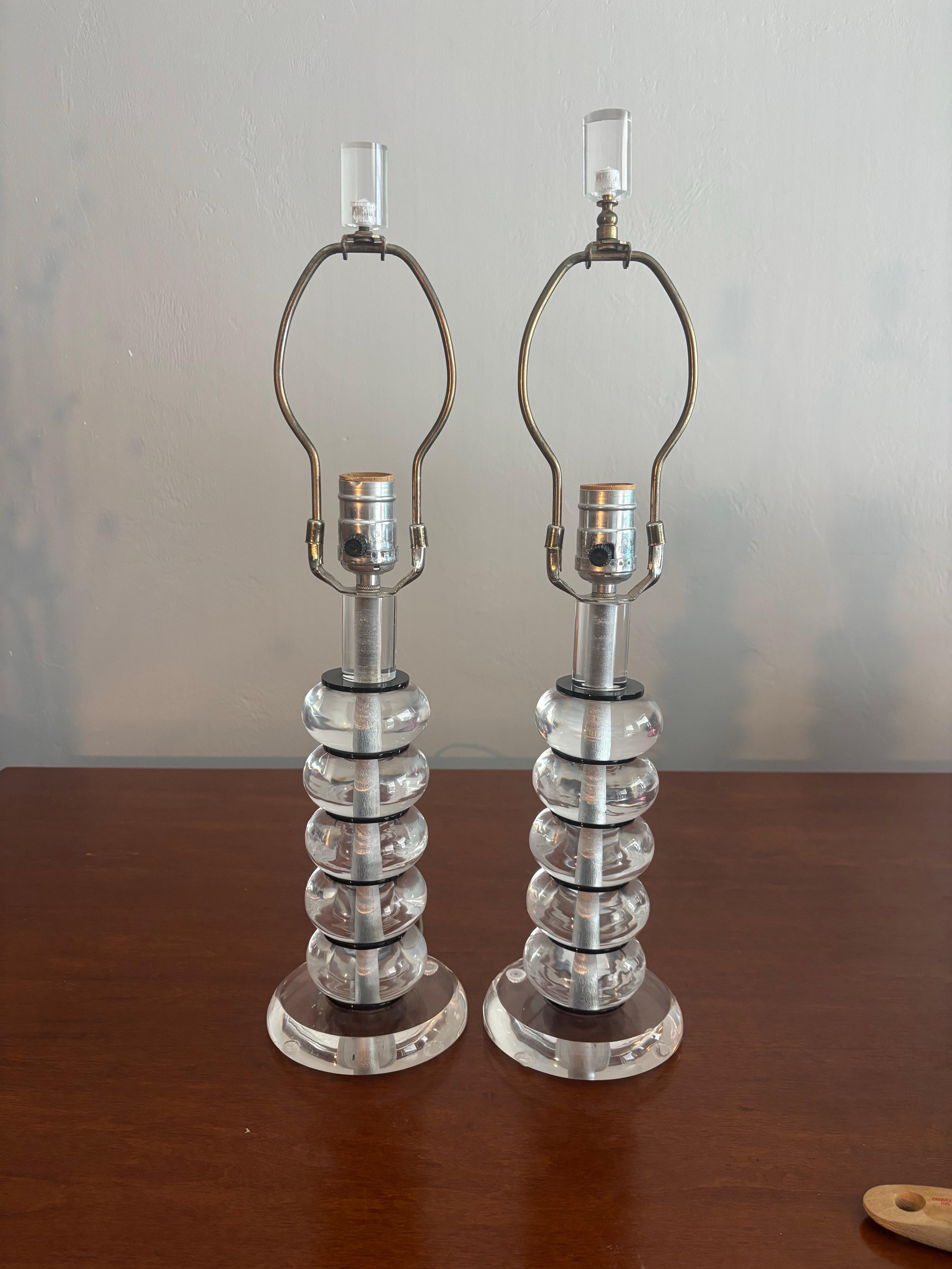 Mid Century Modern Karl Springer Style Stacked Lucite Table Lamps, a Pair For Sale 2