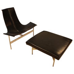 Mid-Century Modern Katavolos Laverne Leather Chrome Sling T Chair Ottoman, 1950s