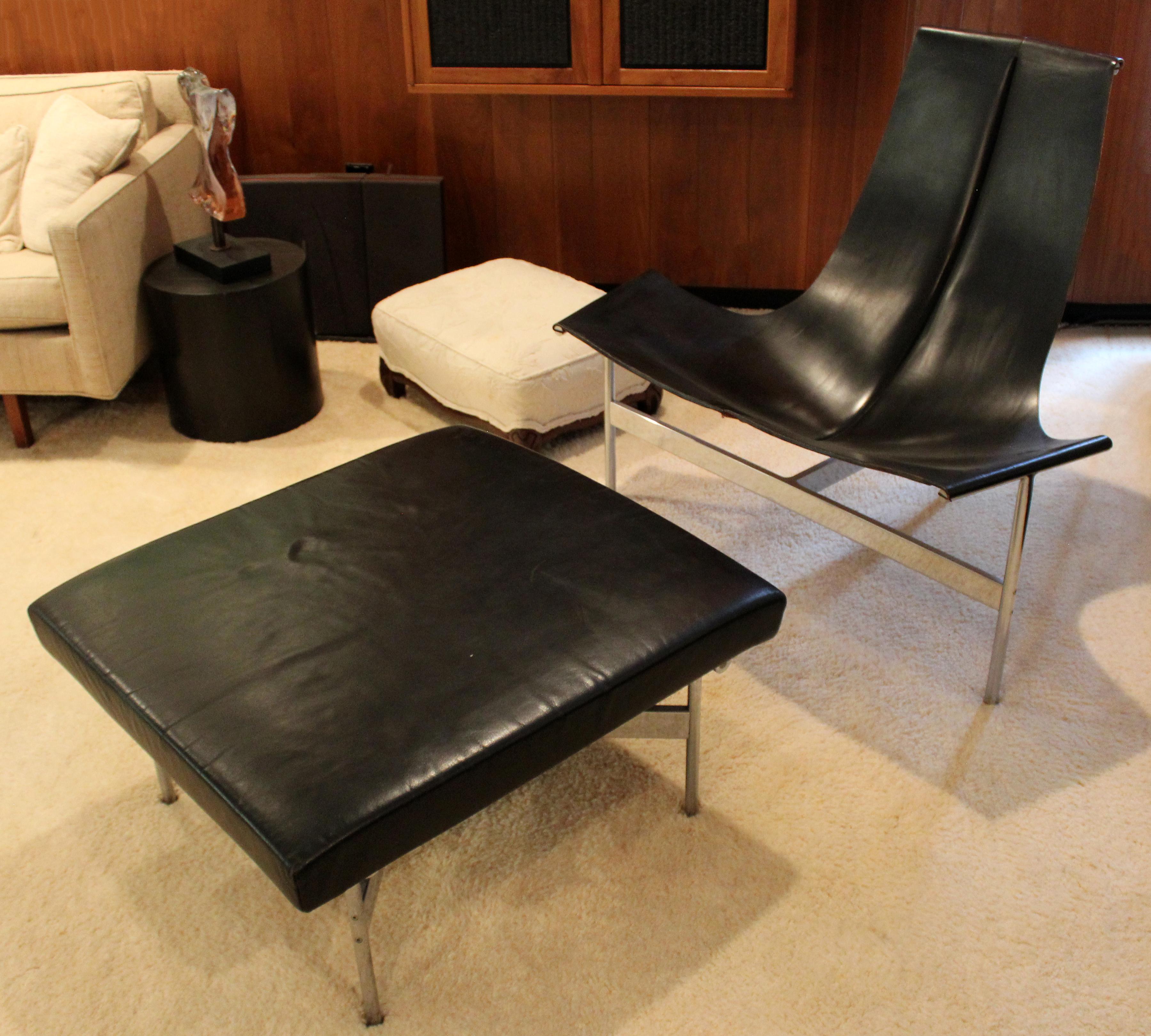 Mid-Century Modern Katavolos Laverne Leather Chrome Sling T Chair Ottoman, 1950s In Good Condition In Keego Harbor, MI