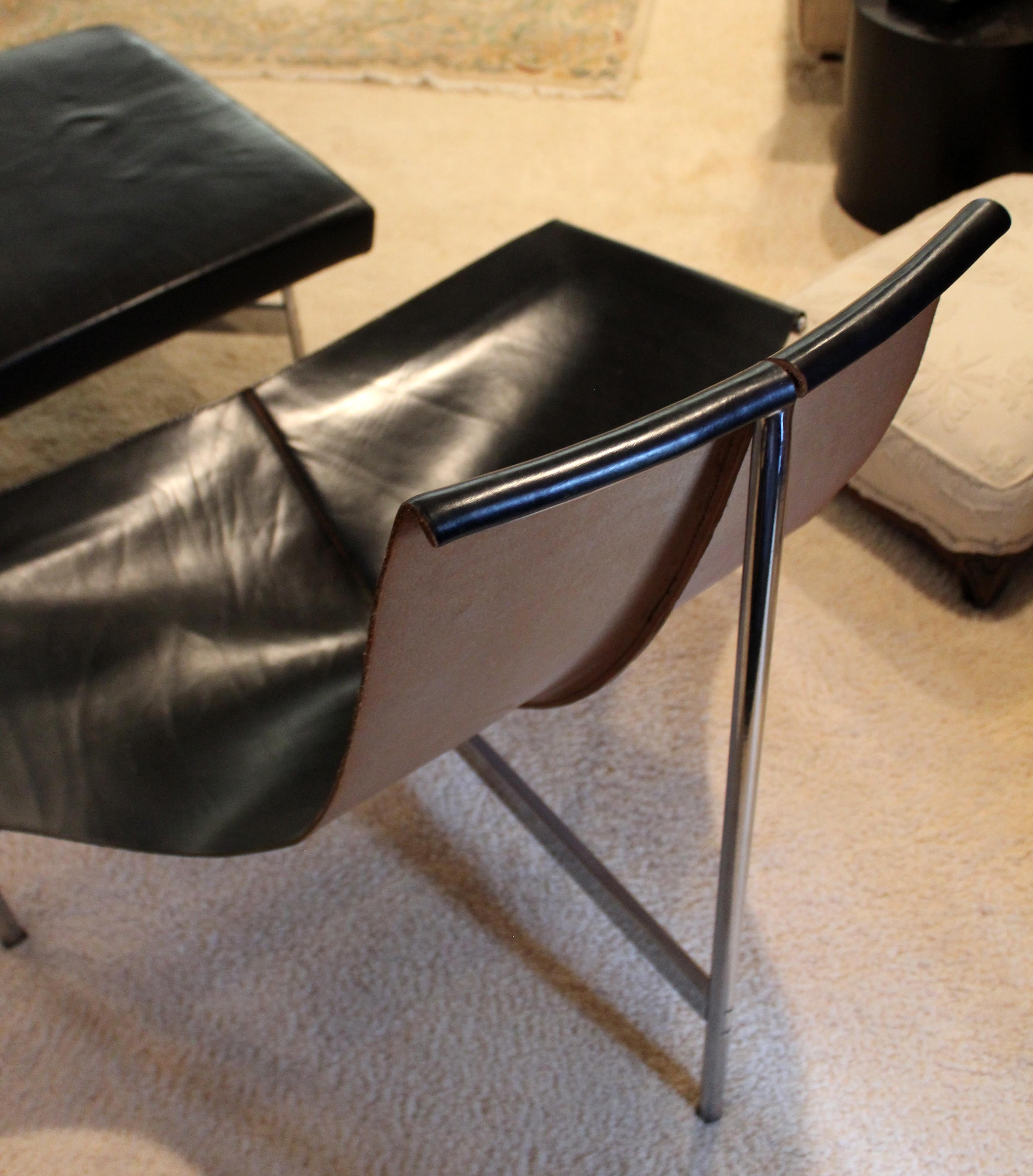 Mid-Century Modern Katavolos Laverne Leather Chrome Sling T Chair Ottoman, 1950s 1
