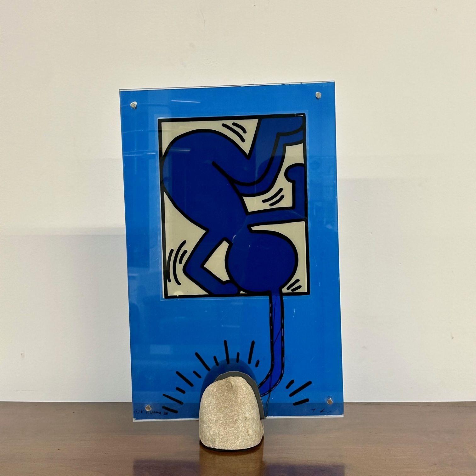 Mid-Century Modern Keith haring sculpture / lamp, glass and stone, Signed, 1988.
 
Limited edition Keith Haring and Toshiyuki Kita lamp. Comprised of reverse screen printed glass and stone. Signed and dated on the lower left hand corner. 
