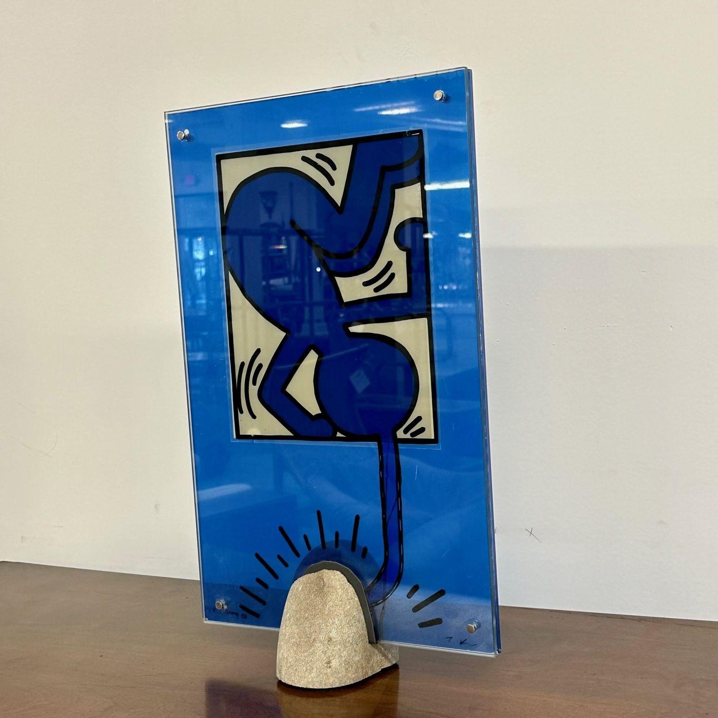 German Mid-Century Modern Keith Haring Sculpture / Lamp, Glass and Stone, Signed, 1988