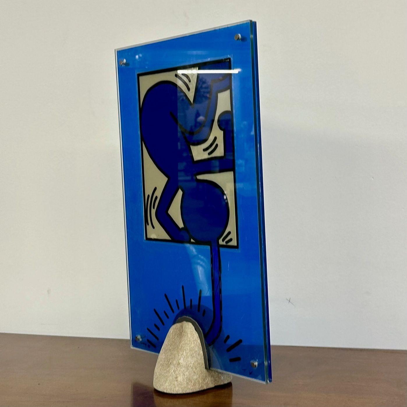 Mid-Century Modern Keith Haring Sculpture / Lamp, Glass and Stone, Signed, 1988 In Good Condition In Stamford, CT