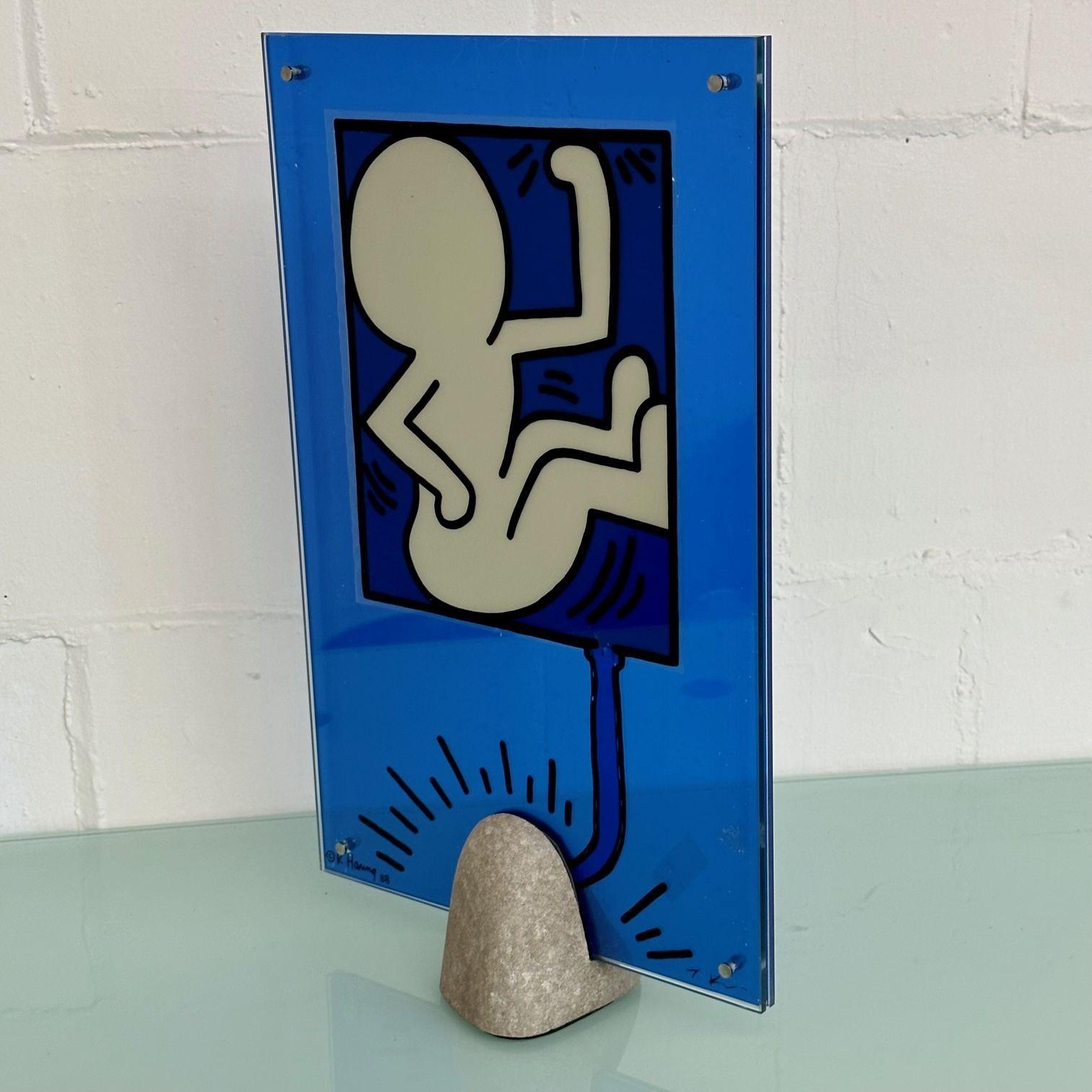 Mid-Century Modern Keith Haring Sculpture / Lamp, Glass and Stone, Signed, 1988 In Good Condition In Stamford, CT