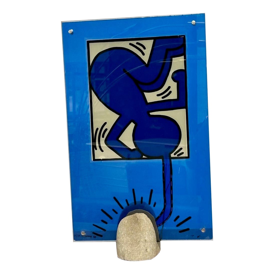 Mid-Century Modern Keith Haring Sculpture / Lamp, Glass and Stone, Signed, 1988