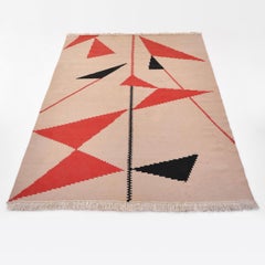 Tapis Kelim moderne du milieu du siècle, laine tissée à la main, décor géométrique, vers 1950