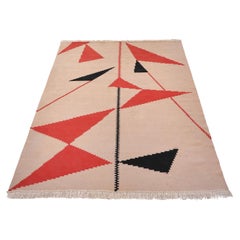 Moderner Kelim-Teppich aus der Jahrhundertmitte, handgewebte Wolle, geometrische Dekoration, um 1950