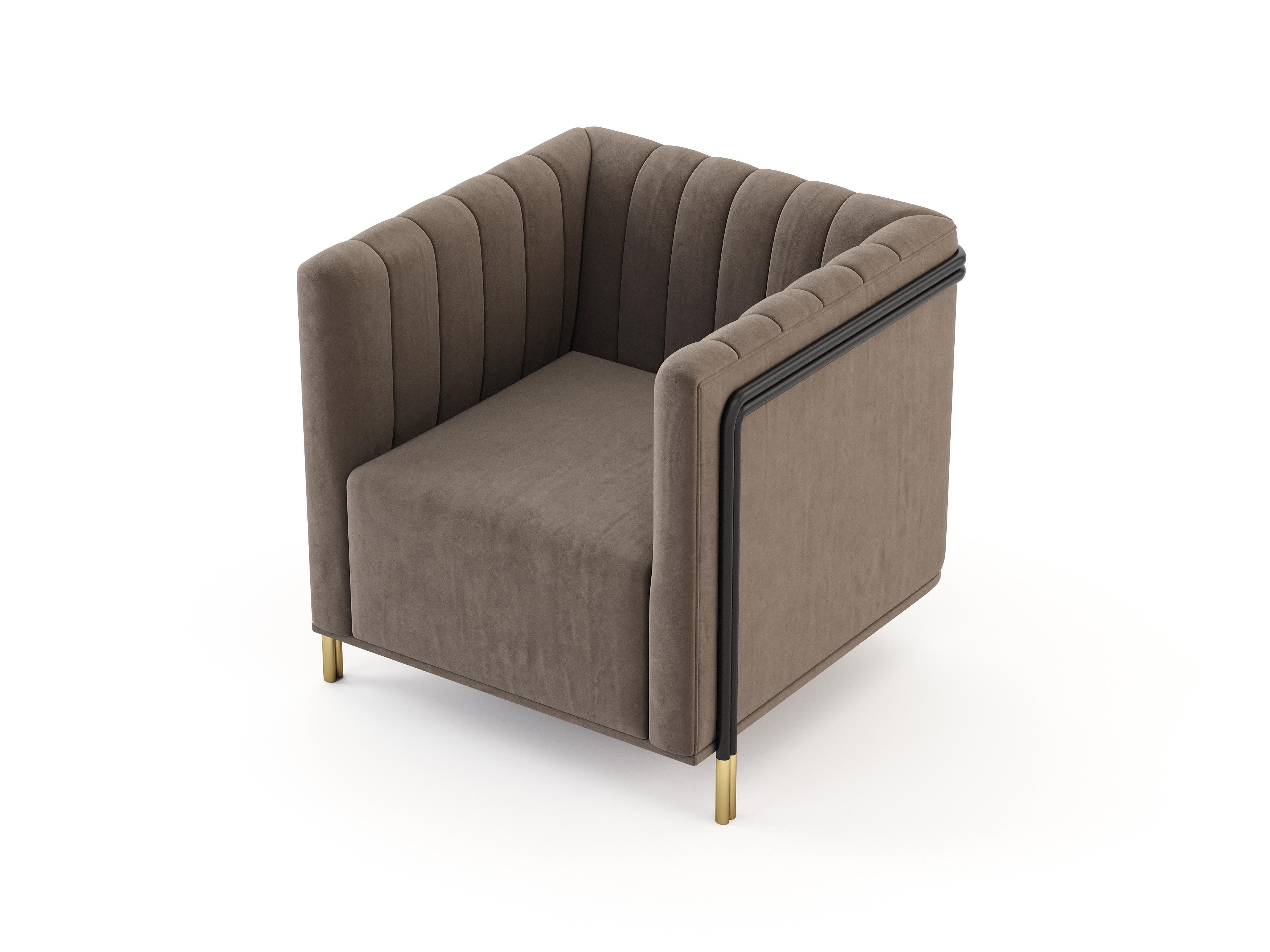 Moderner Kensington-Sessel aus der Mitte des Jahrhunderts mit Eisen-, Textil- und Messingdetails (Moderne der Mitte des Jahrhunderts) im Angebot