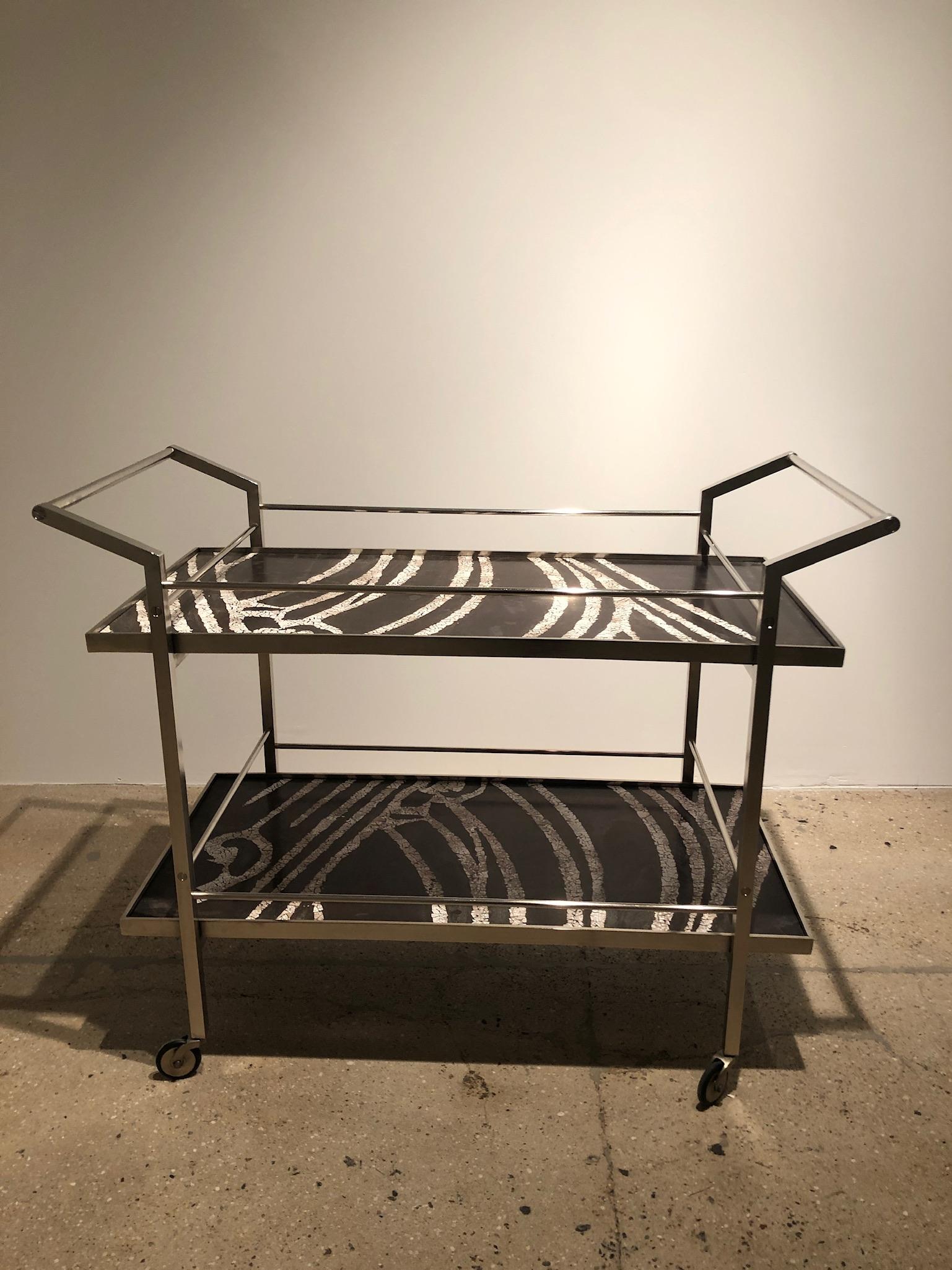 Bronzed Midcentury Modern Kent Bar Cart, Coquille D'Oeuf Shelf and Steel Construction For Sale