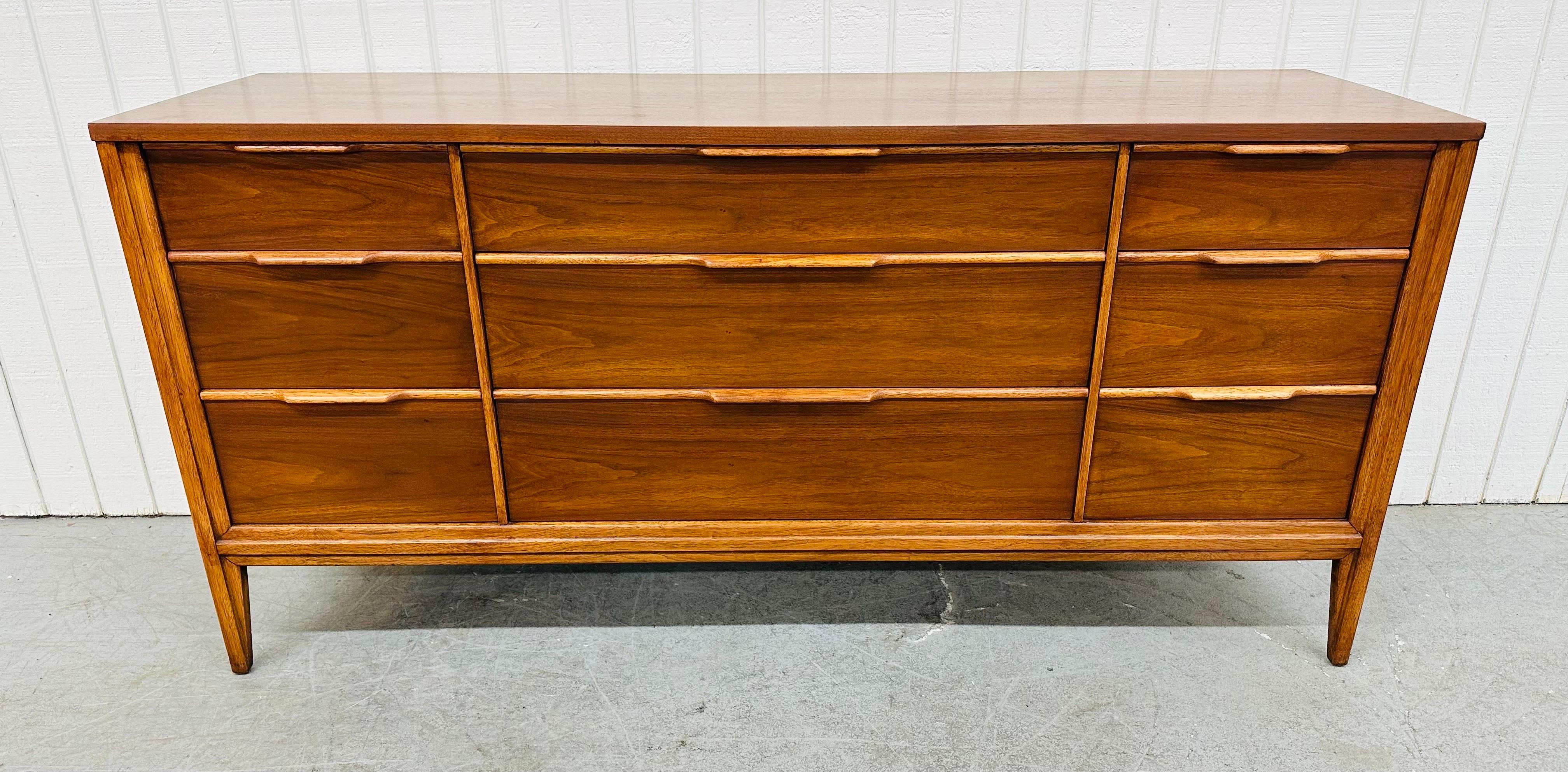 This listing is for a Mid-Century Modern Kent Coffey “Carefree” Walnut Dresser. Featuring a straight line design, nine drawers for storage, wooden pulls, and a beautiful walnut finish. This is an exceptional combination of quality and design by Kent