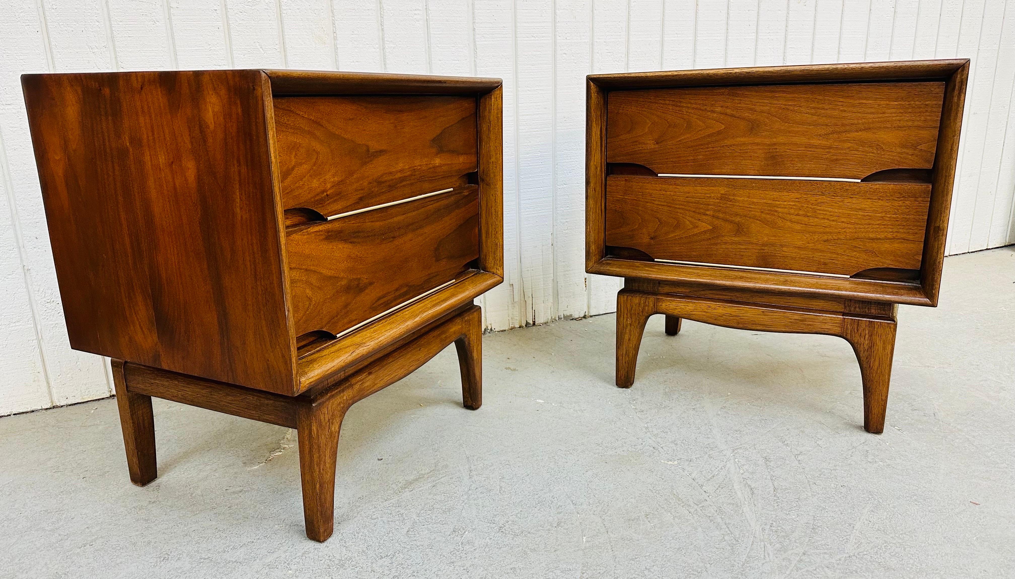 This listing is for a pair of Mid-Century Modern Kent Coffey “Forum” Walnut Nightstands. Featuring a straight line design, two drawers for storage, chrome accent on the recessed drawer pulls, and a beautiful walnut finish. This is an exceptional