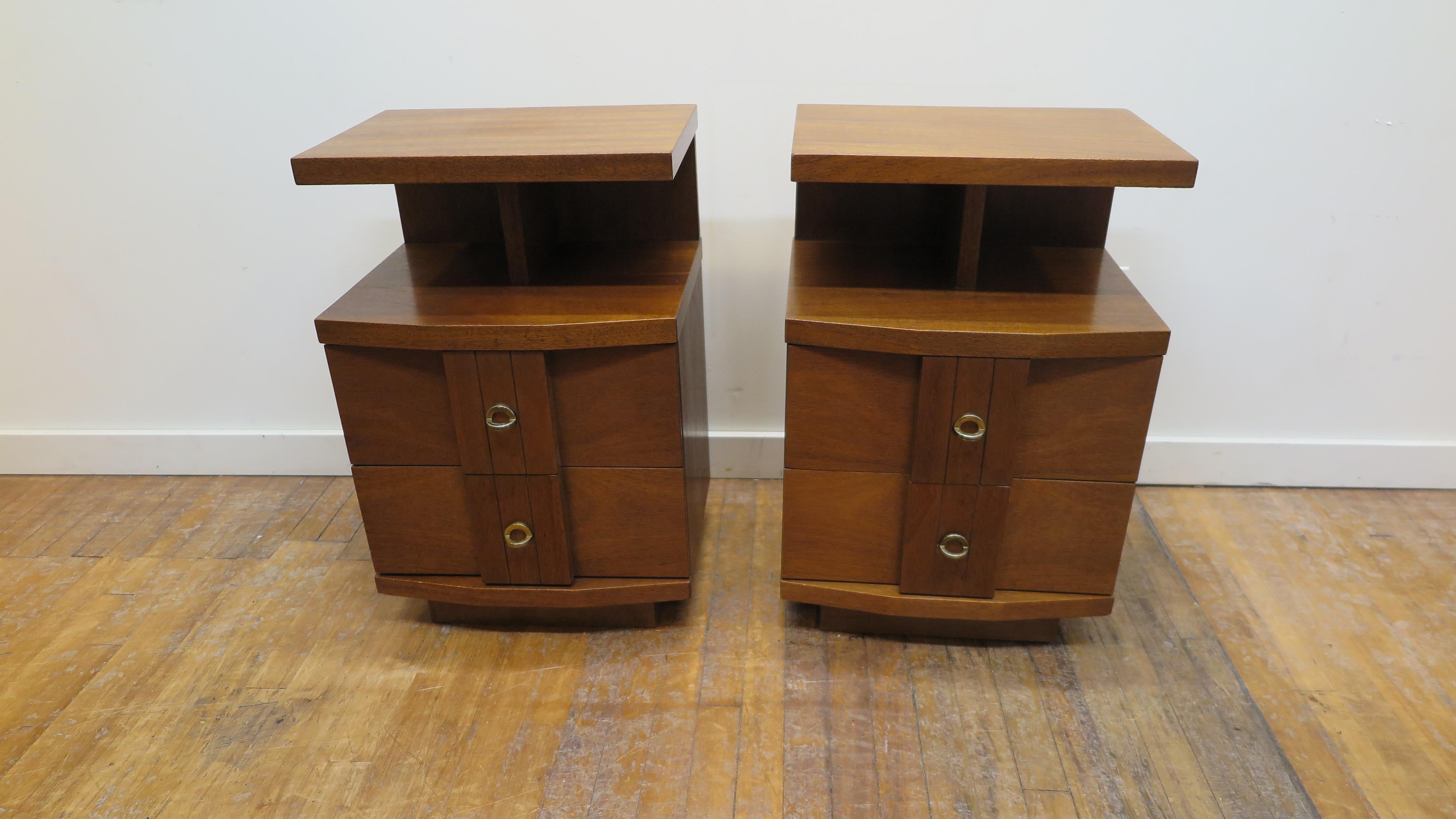 Pair of Kent Coffey Mid-Century Modern night stand side table. Titan line by Kent Coffey mid century modern side tables. Each having shelf platform with two drawers. In good original condition. Light wear in good condition.