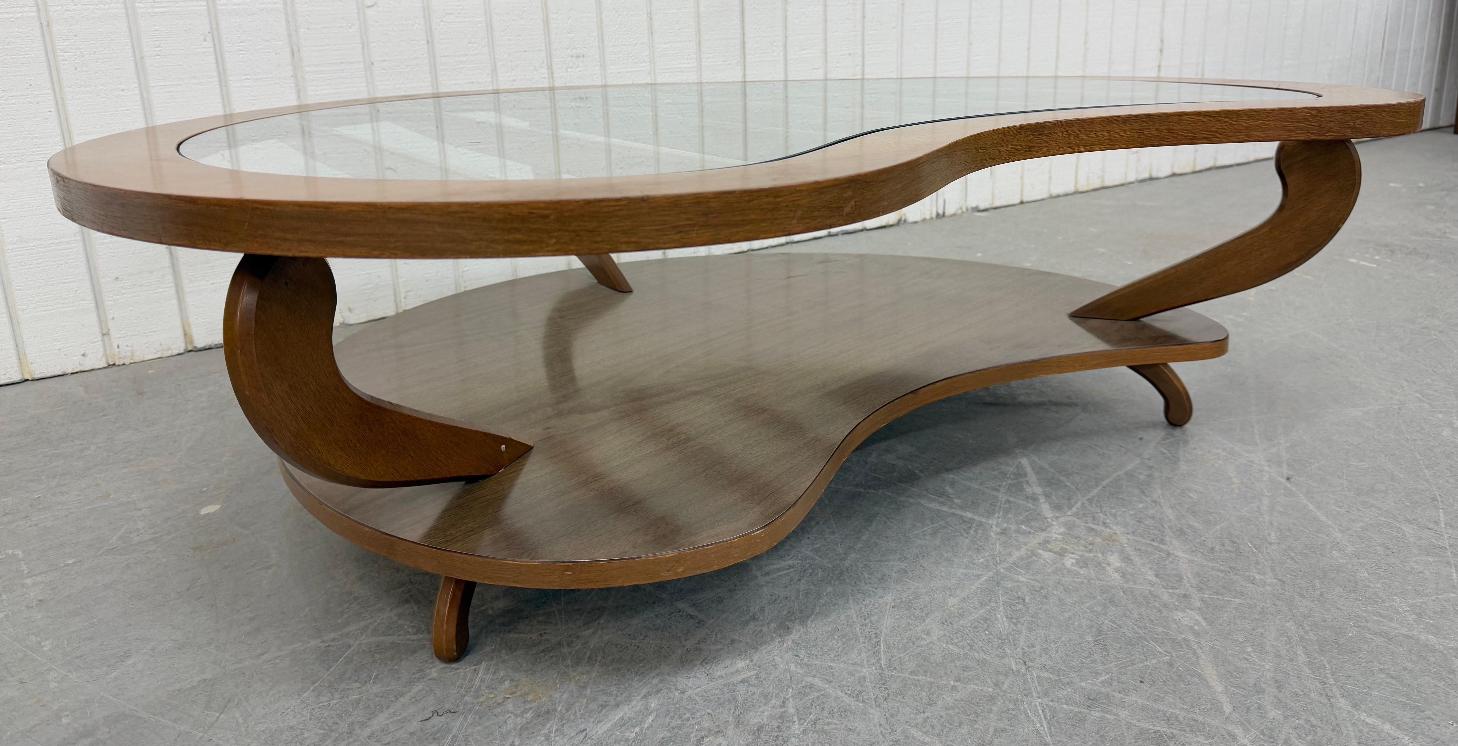 20th Century Mid-Century Modern Kidney Glass Top Walnut Coffee Table