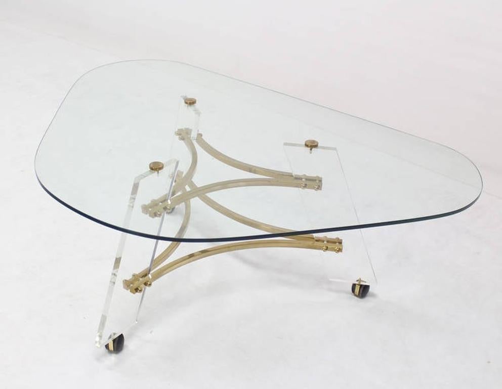 Midcentury Modern Kidney Shape Brass and Lucite Base Coffee Table MINT!