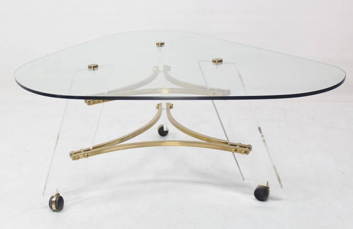 20th Century Mid Century Modern Kidney Shape Brass & Lucite Base Coffee Table Mint! For Sale