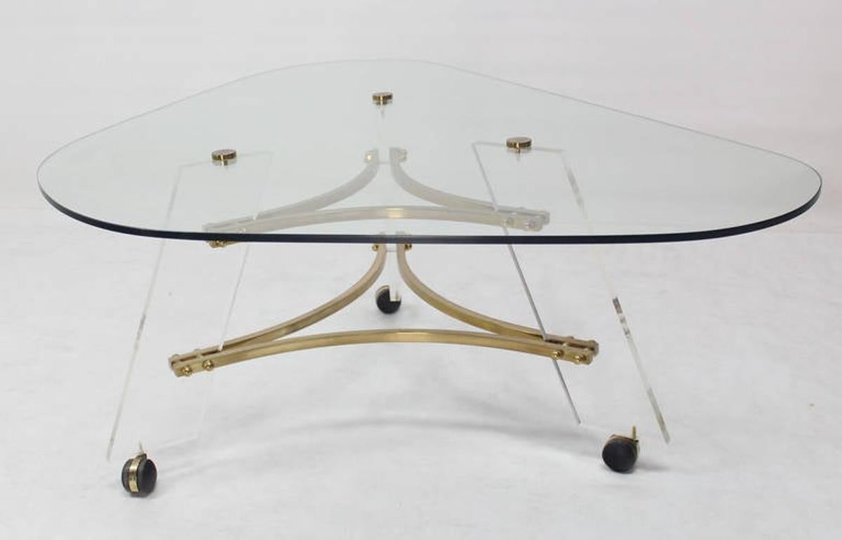 Mid Century Modern Kidney Shape Brass & Lucite Base Coffee Table Mint! For Sale 1