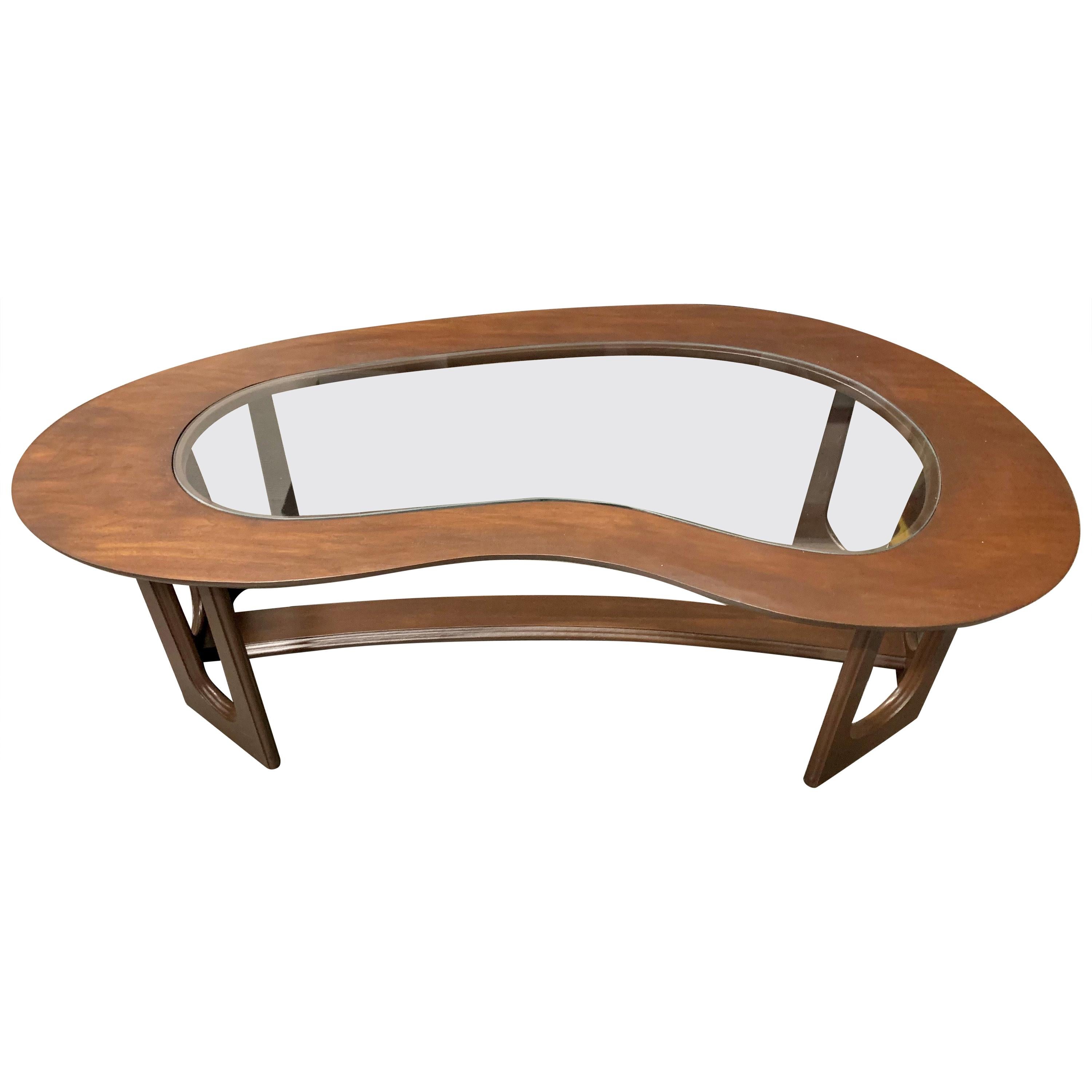 Mid-Century Modern Kidney Shaped Walnut and Glass Coffee Cocktail Table