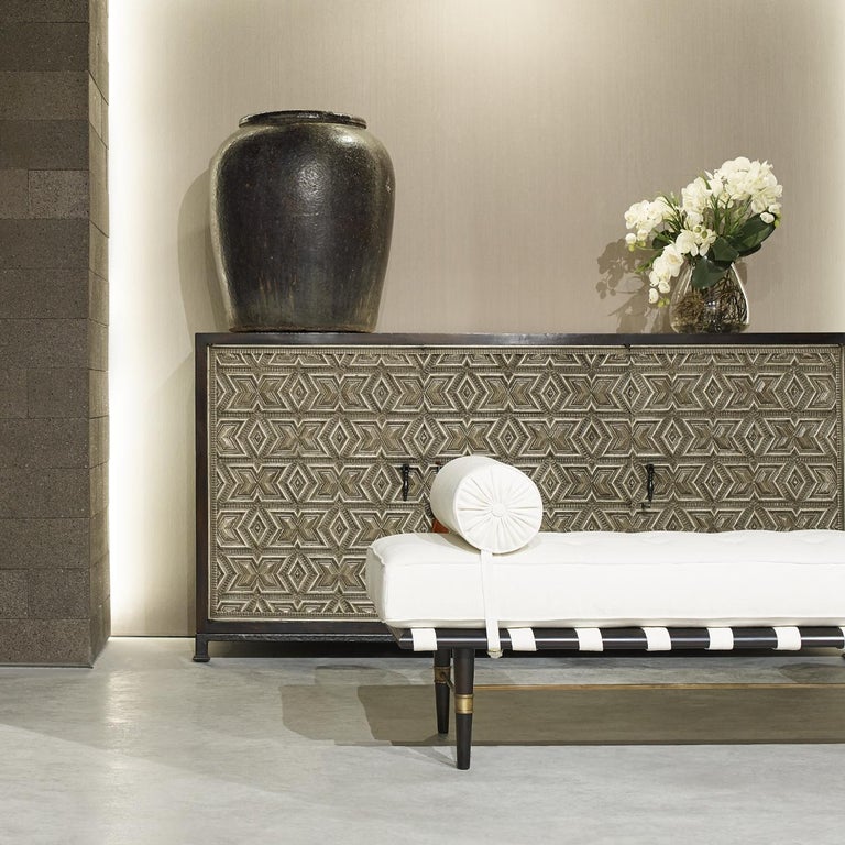 MidCentury Modern Kiel Bench, Wood Base, Tufted Seat and Side Rollers