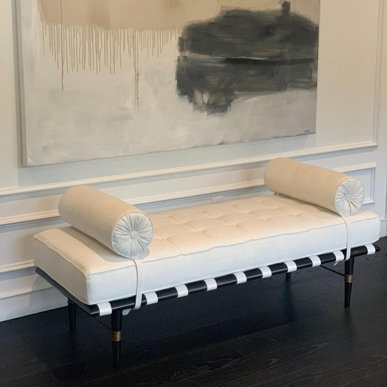 MidCentury Modern Kiel Bench, Wood Base, Tufted Seat and Side Rollers