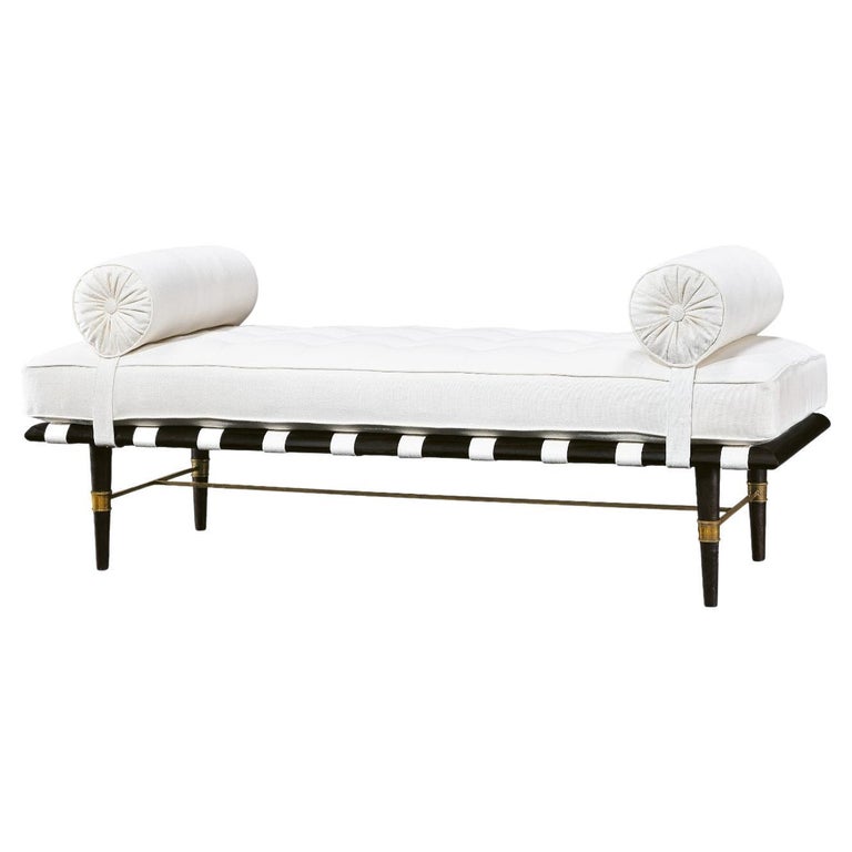 MidCentury Modern Kiel Bench, Wood Base, Tufted Seat and Side Rollers