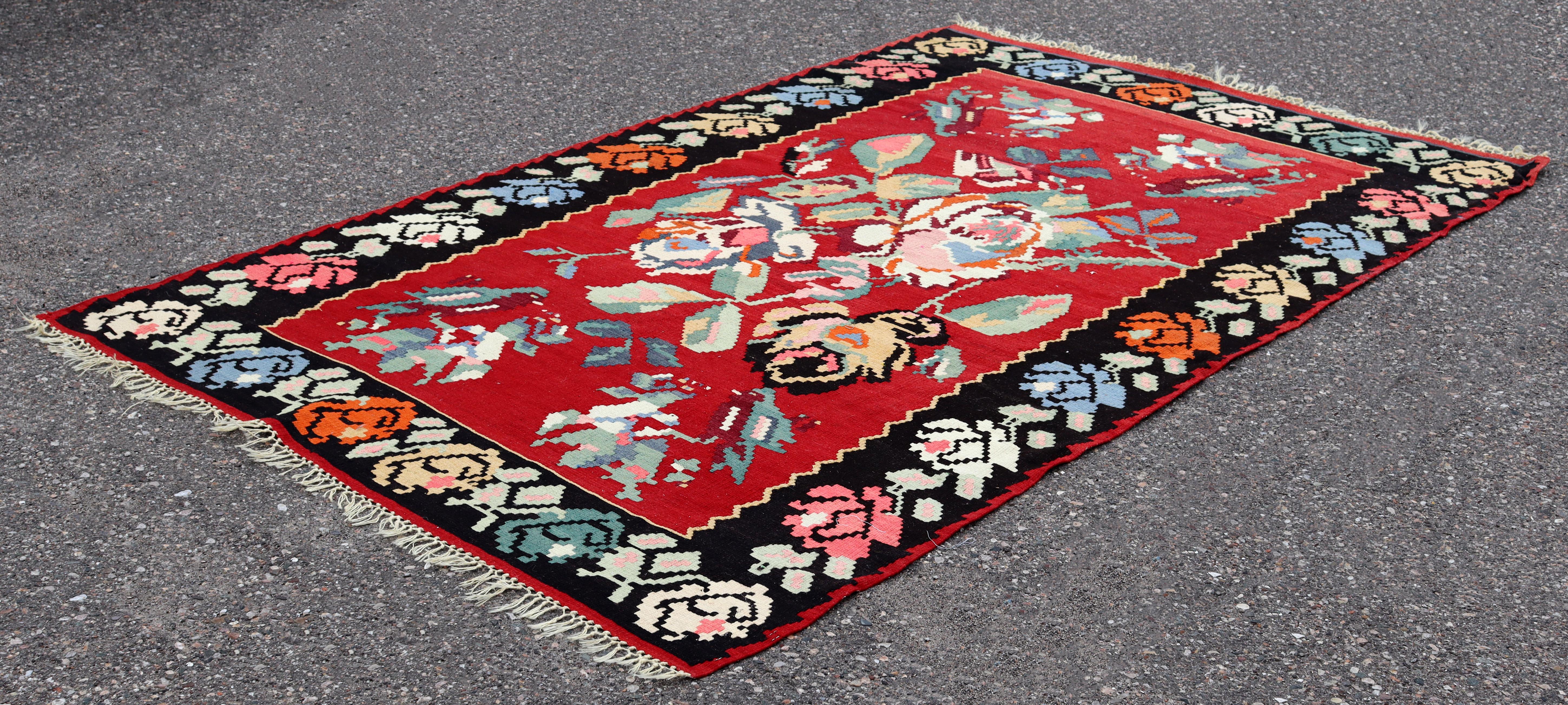 Mid-Century Modern Mid Century Modern Kilim Wool Area Rug Red Hand Made in Turkey Floral Pattern For Sale