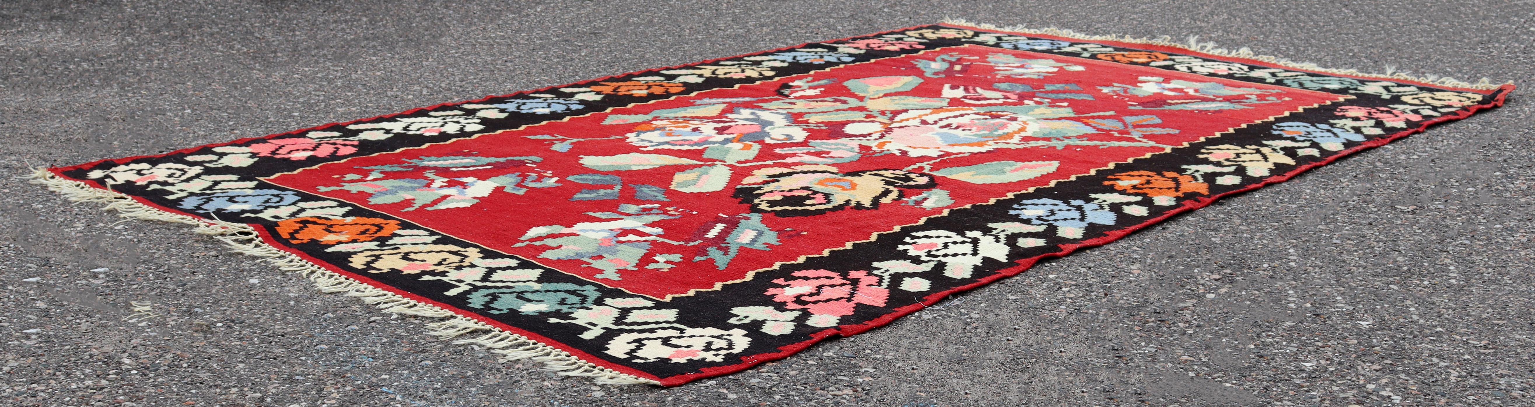 Asian Mid Century Modern Kilim Wool Area Rug Red Hand Made in Turkey Floral Pattern For Sale