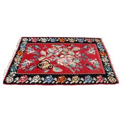 Tapis Kilim en laine rouge mi-siècle moderne, fabriqué à la main en Turquie, motif floral