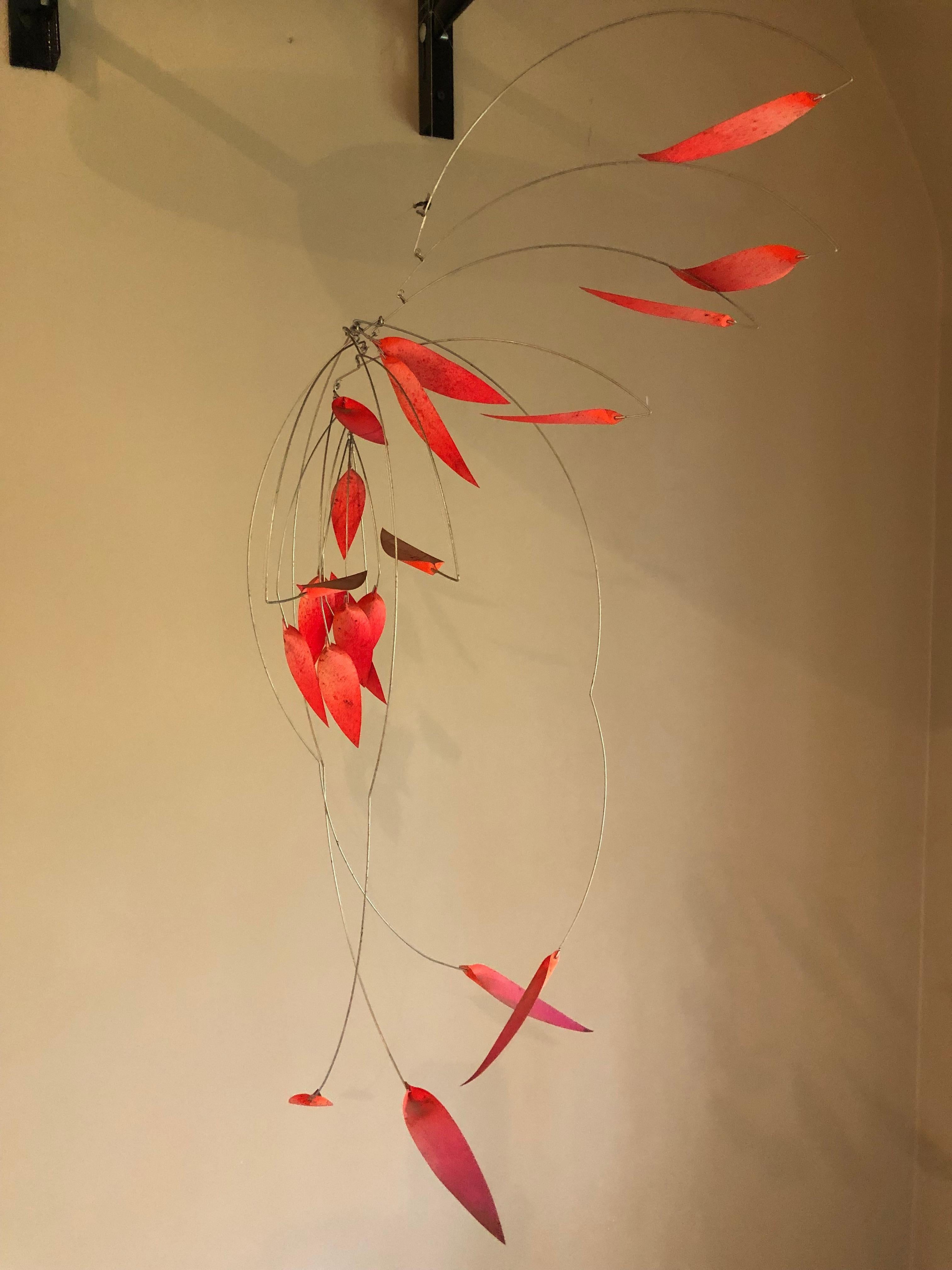 Wire Mid-Century Modern Kinetic Mobile Sculpture in Red