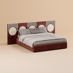 Mid-Century Modern King Bed Headboard Geometric Art Deco Pattern Wood Marquetry