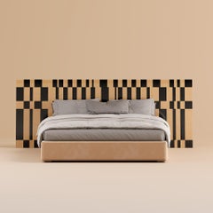 Mid-century Modern King Bed Stripe & Geometric Pattern Wood Headboard
