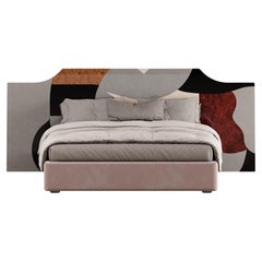 Mid-Century Modern King Bed Organic Pattern Grey Brown Wood Marquetry Headboard