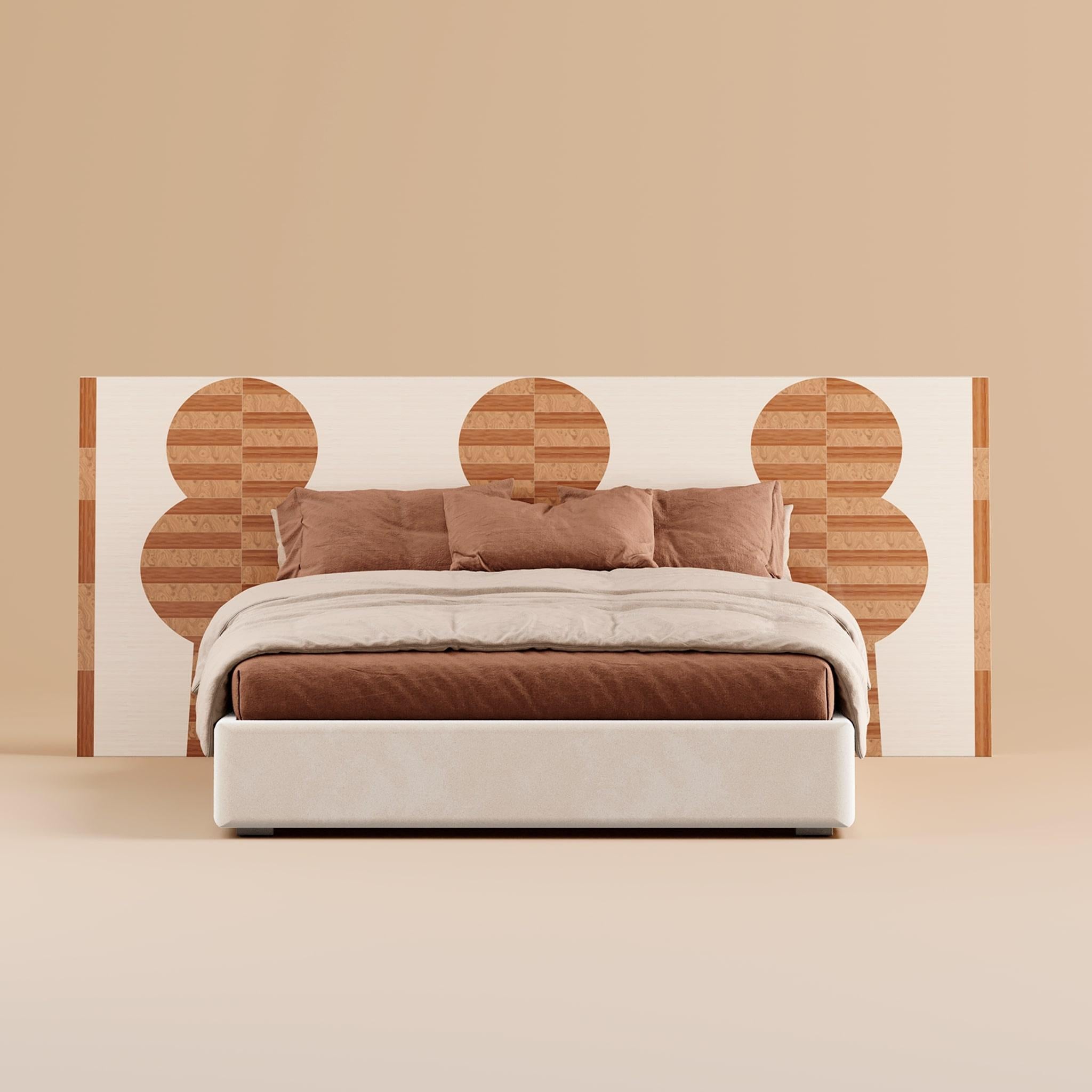 Portuguese Mid-century Modern King Headboard Bed Geometric Pattern Marquetry White & Beige For Sale