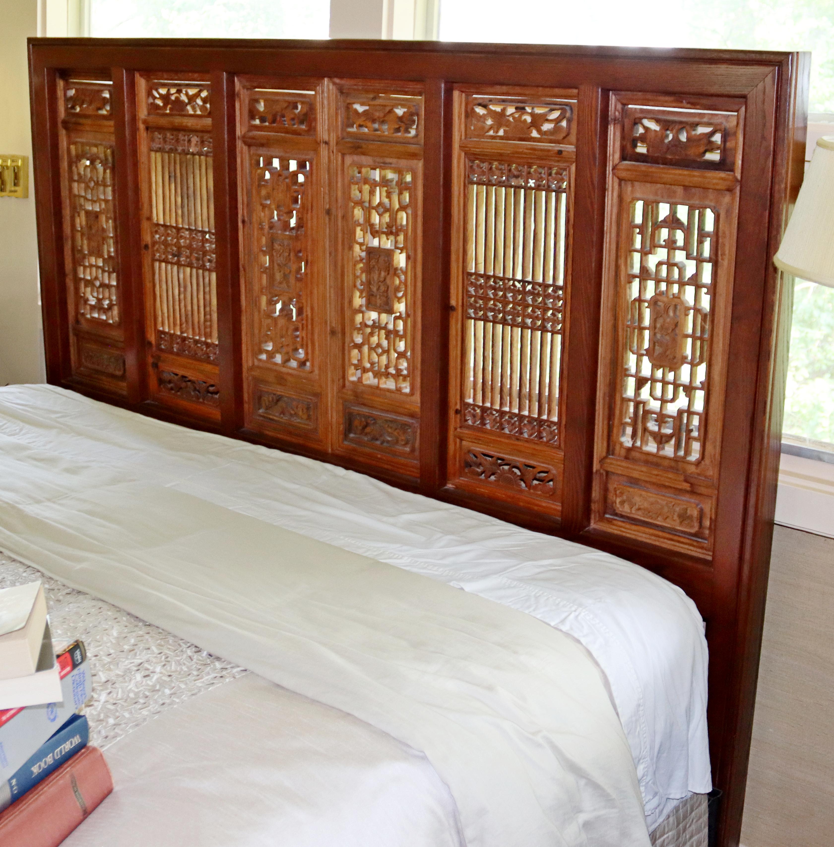 For your consideration is a magnificent, king size, carved wood, Asian style headboard, circa the 1970s. In excellent vintage condition. The dimensions are 78