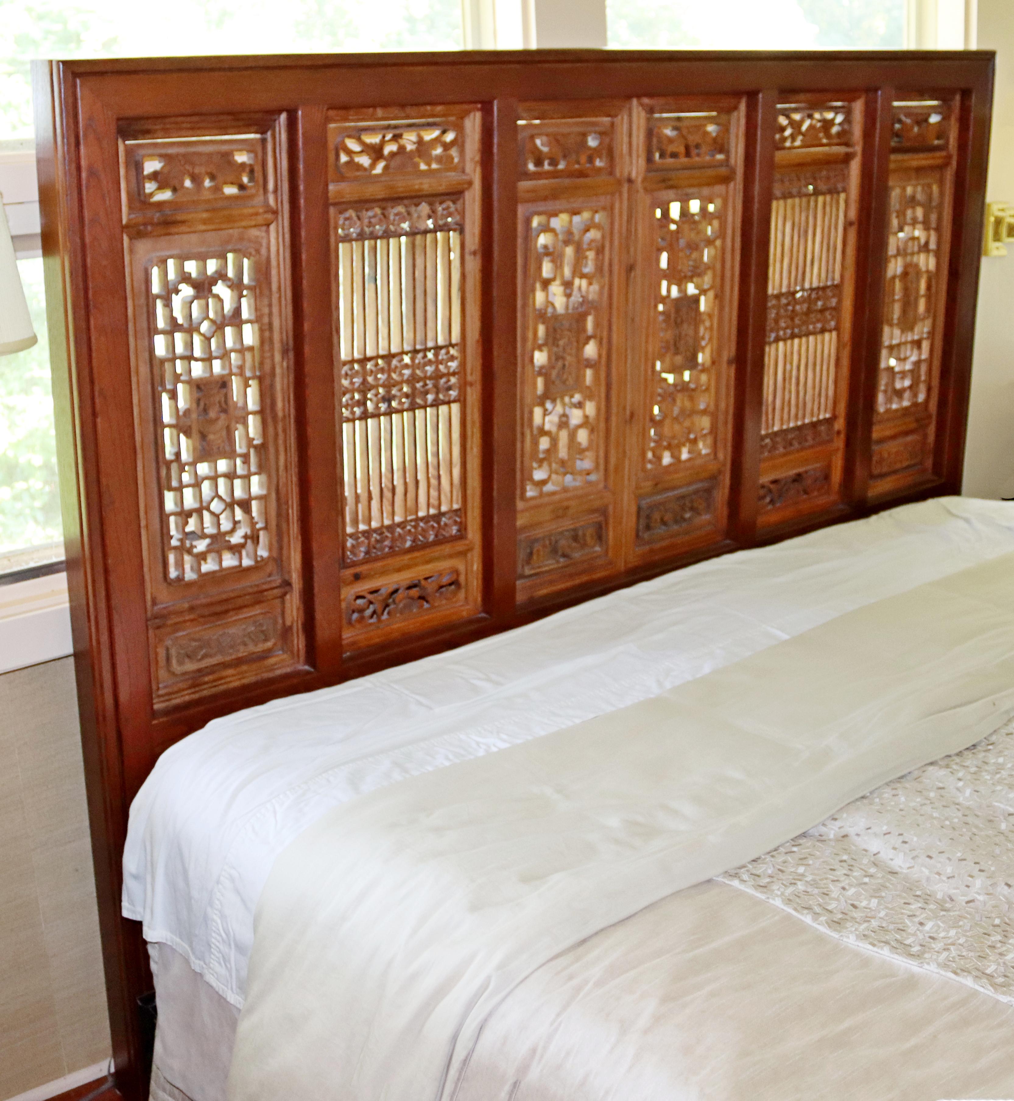 Mid-Century Modern King Size Asian Carved Wood Screen Headboard, 1970s In Good Condition In Keego Harbor, MI